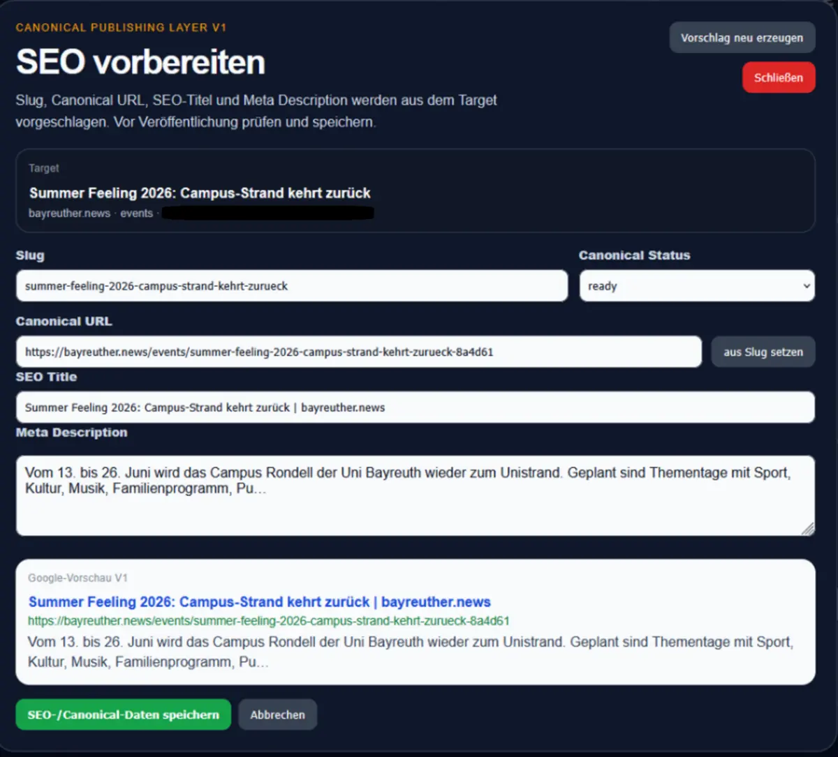Anonymisierter Auszug aus SEO Prepare mit Canonical URL, SEO-Titel und Meta-Description